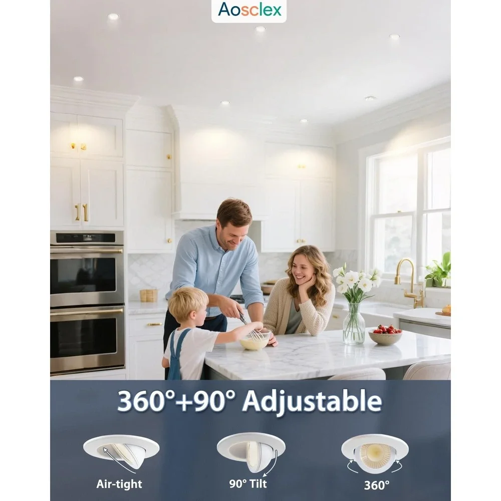 Aosclex 3 Inch LED Recessed Lighting 12 Pack 360 Adjustable Gimbal 5CCT Dimmable